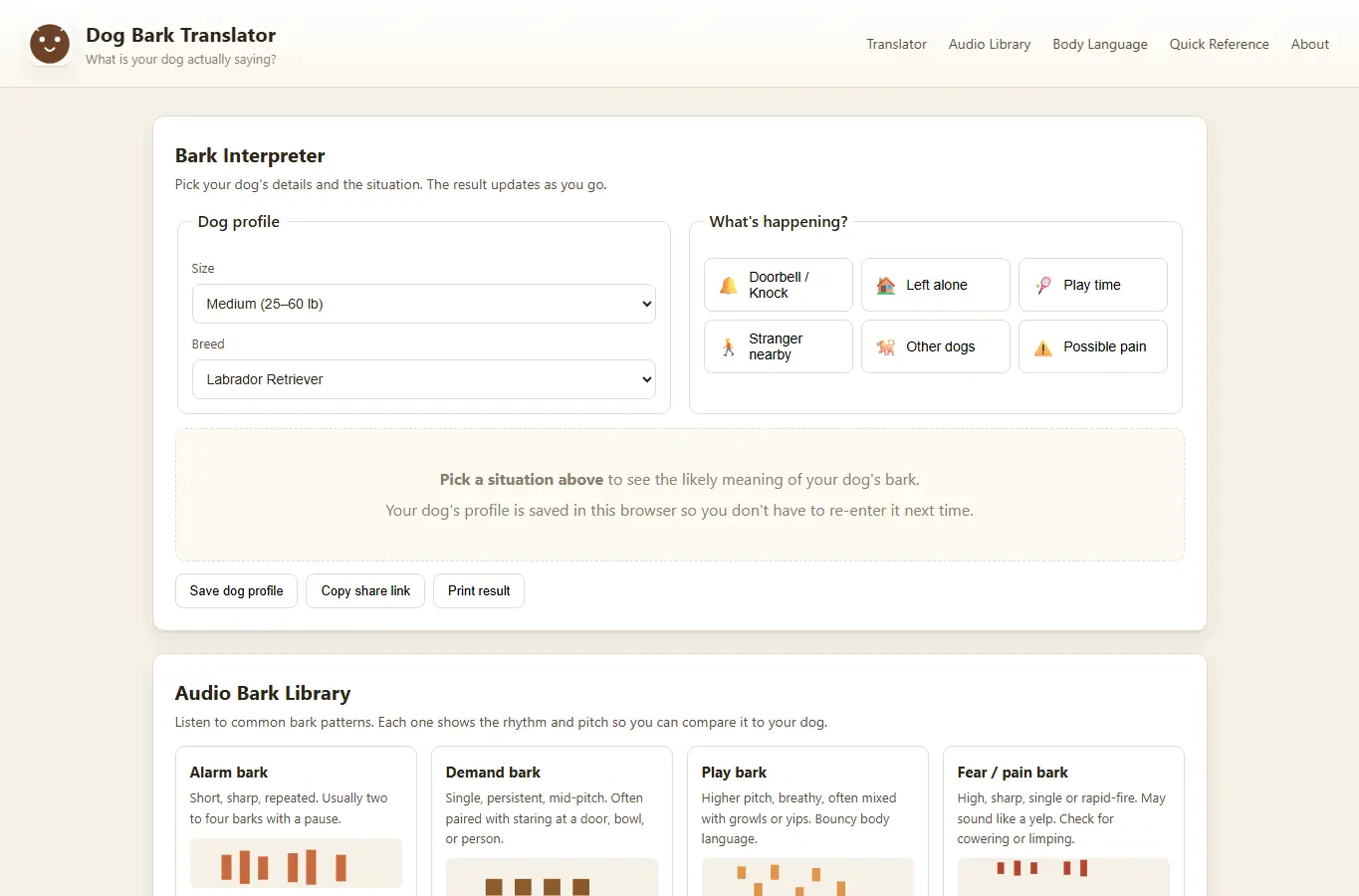 Screenshot of Dog Bark Translator interface showing the project page in use